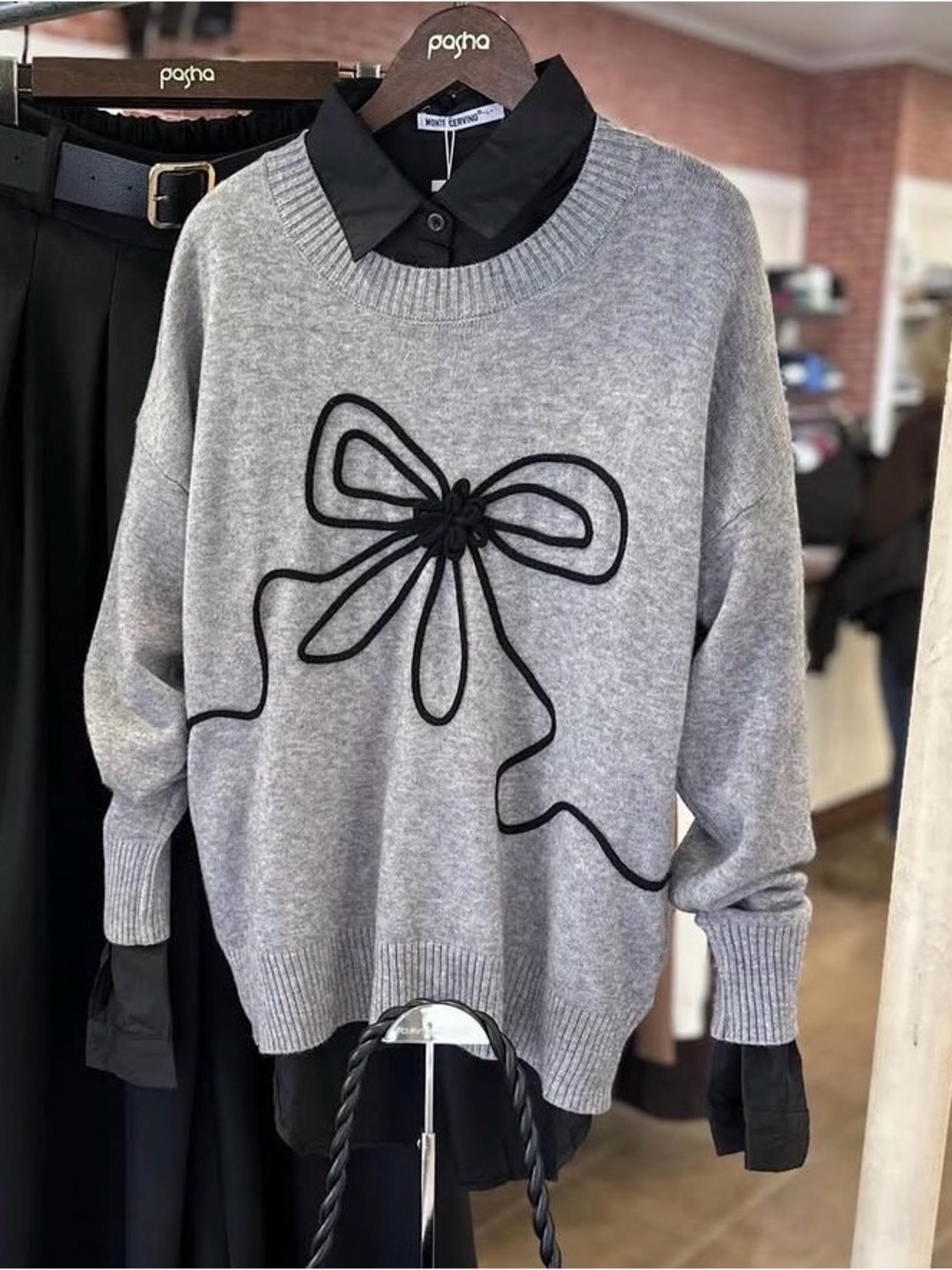 Christina Grey Crewneck Sweater with Black Bow Applique